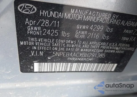 2011 Hyundai Sonata Gls z USA, uszkodzony, nr VIN 5NPEB4ACXBH291385